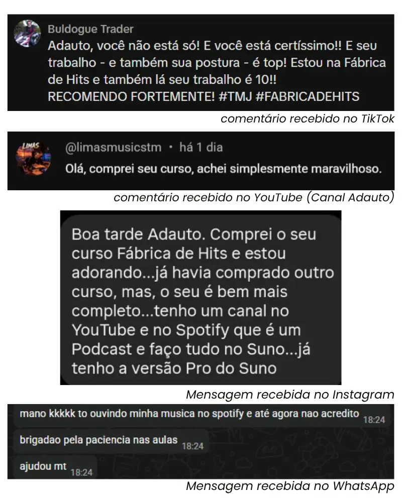 Mensagens de alunos recebidas no TikTok, YouTube, Instagram e WhatsApp